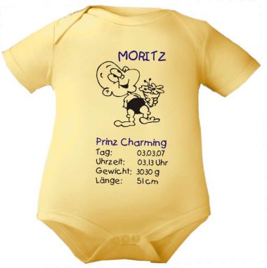 Baby Body mit Druck PRINZ CHARMING und Geburtsdaten