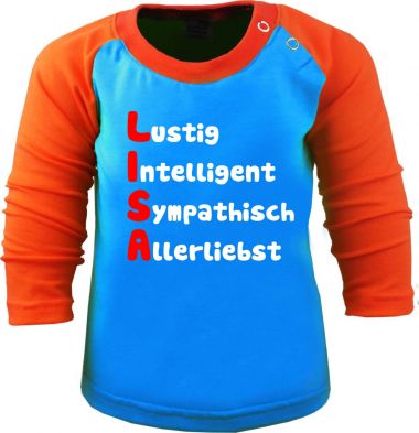 Baby und Kinder Baseball Langarm Shirt - mit Namen und Eigenschaften des Kindes