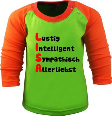 Baby und Kinder Baseball Langarm Shirt - mit Namen und Eigenschaften des Kindes