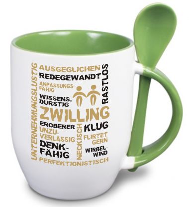 Ceramic mug TWO TONES & spoon with star sign Zwilling