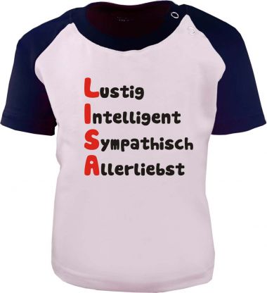 Baby und Kinder Kurzarm Baseball T-Shirt -  Mit Namen und Eigenschaften des Kindes -