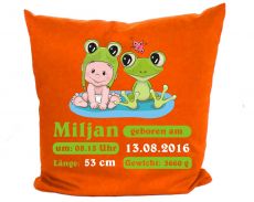 Cushion cover 40 x 40 cm Motif Little Fratz & Friends (Frog) with dates of birth